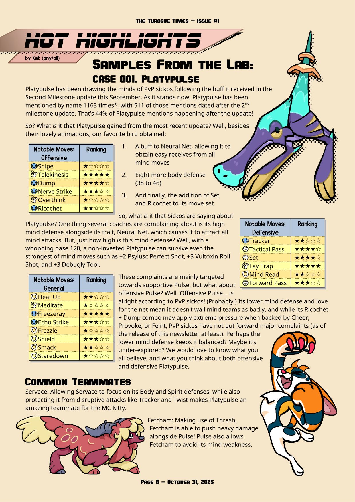 Page 8 of the Turogue Times, a Beastieball newsletter. This page is the Hot Highlights, summarizing recent discussion in the PvP Laboratory on the Wishes Discord. For a more screen reader friendly format, please see the PDF download above.